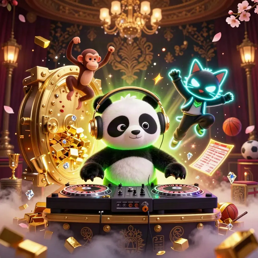3D panda DJ, breakdancing monkey, and rave kitten amid treasure, vault light, and casino glow