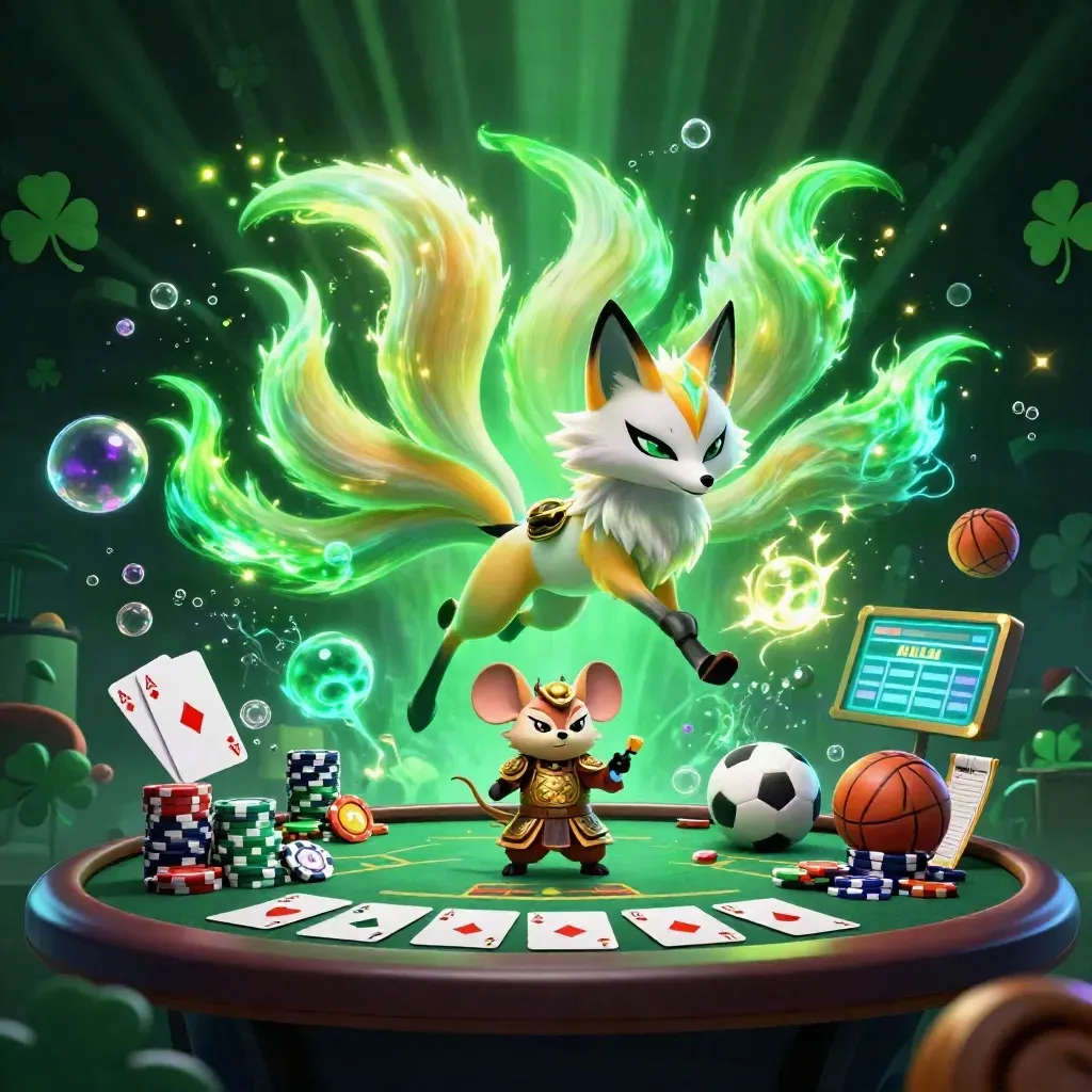 Neon fox spirit and samurai mouse amid poker chips, cards, balls, and casino glow.