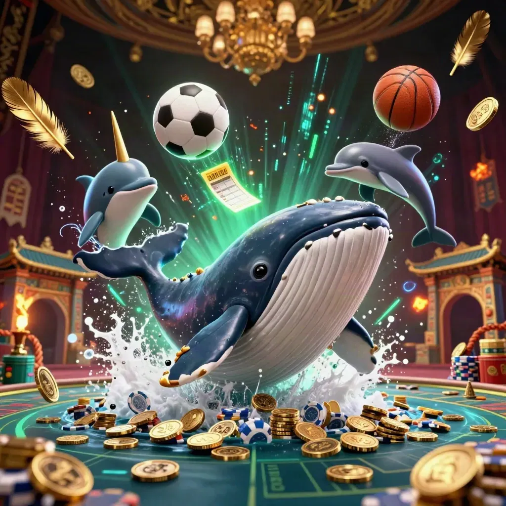 Cartoon whale, narwhal, and dolphins burst through coins with neon sports props and casino glow.