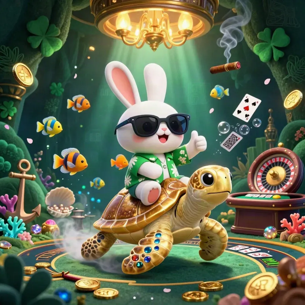 Cartoon rabbit rides a golden sea turtle through a glowing casino treasure cove.