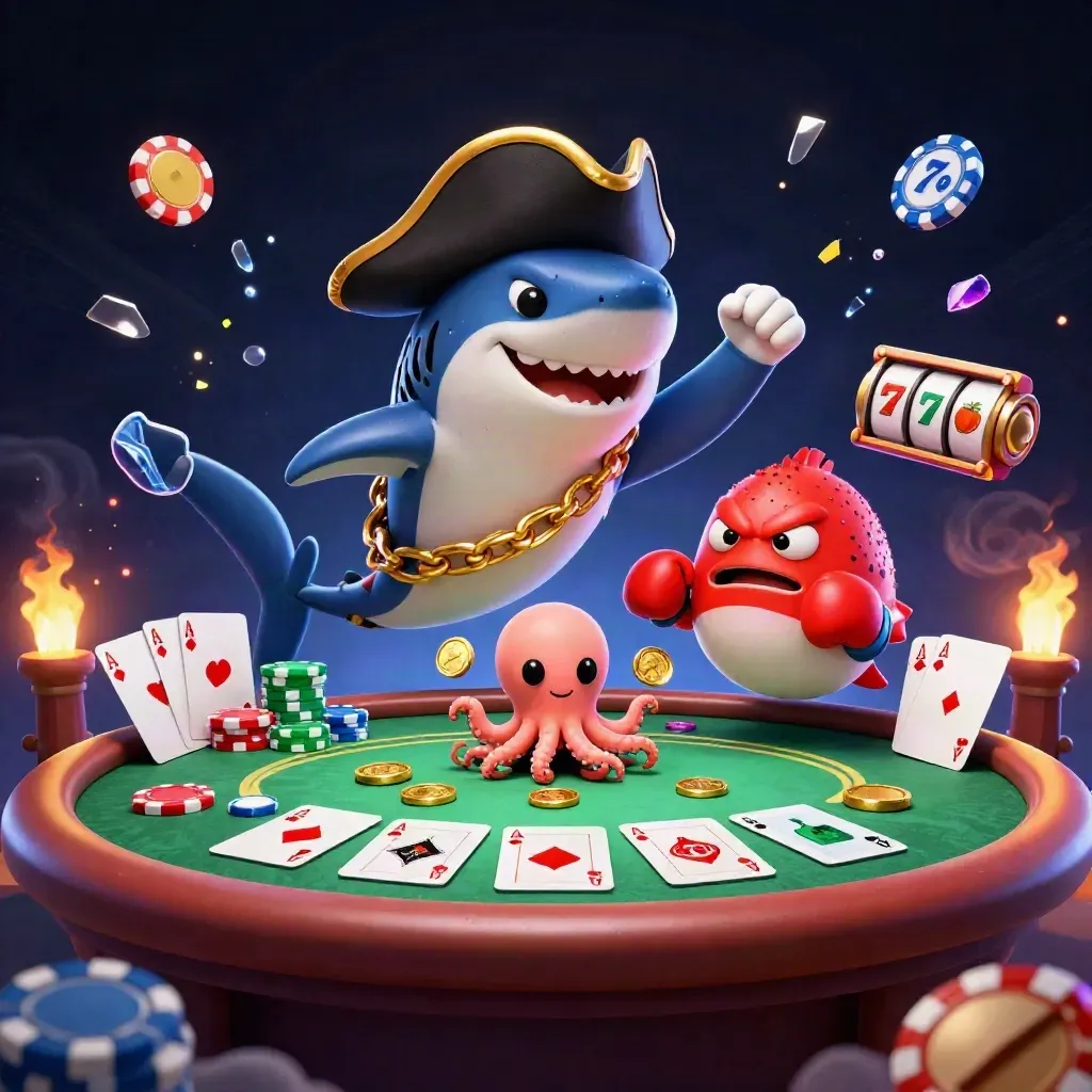 Pirate shark, boxing pufferfish, and juggling octopus explode amid poker chips and neon green casino energy.