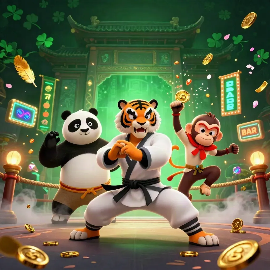 Tiger, panda, and monkey heroes in a neon casino temple battle scene