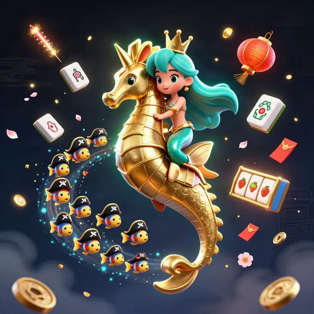 Mermaid princess rides a gold seahorse amid casino tokens and pirate fish on a dark neon backdrop.