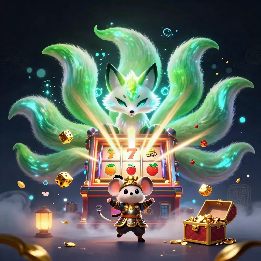 Neon fox spirit, gold samurai mouse, bursting slot machine, dice, gold, and casino magic.