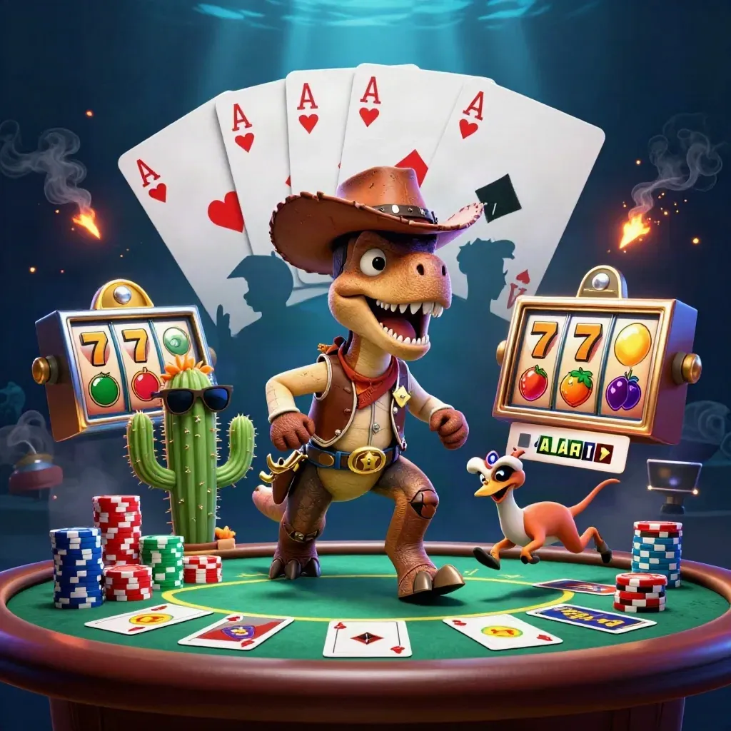 Cartoon cowboy T-Rex, cactus, and roadrunner surrounded by poker, chips, and slot effects.